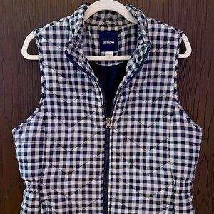 Basic Editions Womens Navy Blue and White Gingham Puffer Vest with Zipper Pull